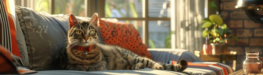 Fun and engaging cat welfare tips, realistic, soft lighting, digital art, background of a cozy living room, interactive and educational