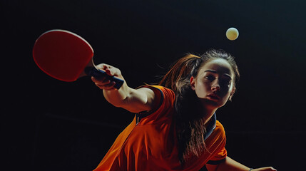 A female table tennis player in action, reaching to hit the ball with a red paddle in a dimly lit environment
