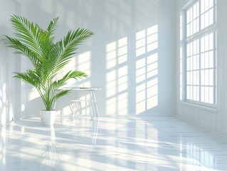 Bright room with large windows and a green potted plant