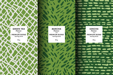 Vector illustration set of templates contemporary abstract cover and patterns for matcha tea packaging with labels. Minimal modern backgrounds