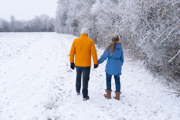 Winter wonderland scene with joyful mature couple enjoying leisurely stroll through picturesque...