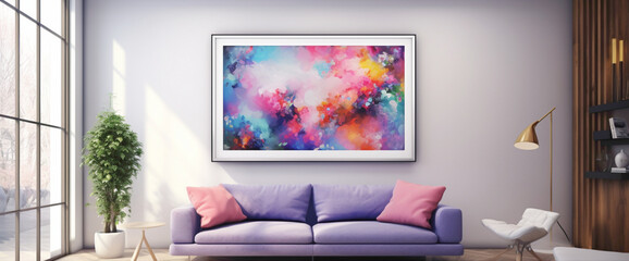 Step into a room adorned with a vibrant illustration within a blank white frame, surrounded by a whimsical wonderland of color splashes.