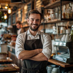 Fototapeta premium Portrait of a barista in a small business restaurant cafe. Ai generated