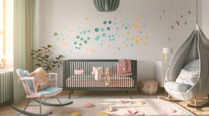Obraz premium A stylish nursery with a pastel color scheme, a sleek crib, a rocking chair, and playful wall decals, creating a soothing and cheerful environment.