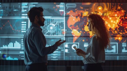 Indian Male Data Scientist And Caucasian Female Business Manager Talking In Front Of Big Digital Screen With Graphs, Charts And Map In Monitoring Office. Diverse Colleagues Discussing, Generative AI