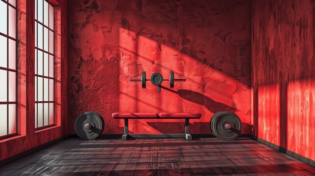 A minimalist setting of a red-themed gym room, featuring uncomplicated design with essential gym equipment basking in a sunlight, highlighting fitness and simplicity.