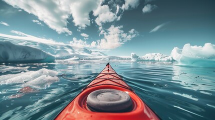 A vivid red kayak moves through tranquil icy waters under a cloudy sky, navigating among arctic ice formations and capturing the serene beauty of the environment.