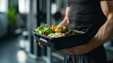 Man holding a black container box filled with a healthy fitness meal, including white meat, fresh green salad, and vegetables, standing in a well-equipped gym interior.