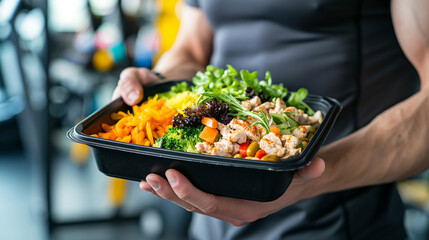 Close-up of a man's hands holding a black container with a nutritious fitness meal of white meat, green salad, and colorful vegetables, with a bustling gym in the background.