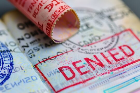 Passport with denied visa stamp in close-up view with blurred background. Immigration rejection, travel ban, visa application decline, border control, international travel concept.