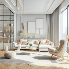 Fototapeta premium Bright Interior of the Modern Living Room in White Tones