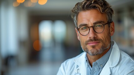 Male pharmacist in lab coat on white background portrait.