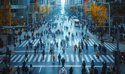 Elevated Security Camera Surveillance Footage of a Crowd of People Walking on Busy Urban City Streets. CCTV AI Facial Recognition Big Data Analysis Interface Scanning, Showing Personal, Generative AI