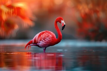 Fototapeta premium A lone pink flamingo standing in the water, its vibrant plumage and delicate reflection beautifully captured in the clear, calm pond at twilight.
