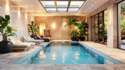 A tranquil indoor pool room with a lap pool, modern tiling, lounge chairs, and lush potted plants, illuminated by large skylights.
