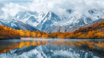 Obraz premium A serene autumn landscape featuring a tranquil lake reflecting golden autumn trees and towering, snow-capped mountains enveloped in clouds, epitomizing nature's beauty.