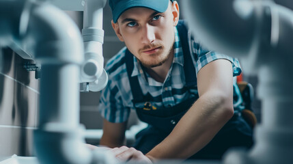 Young handyman in uniform and cap, focused on fixing the white pipes under a modern bathroom sink. Home service and plumbing repair, with an assortment of tools nearby.