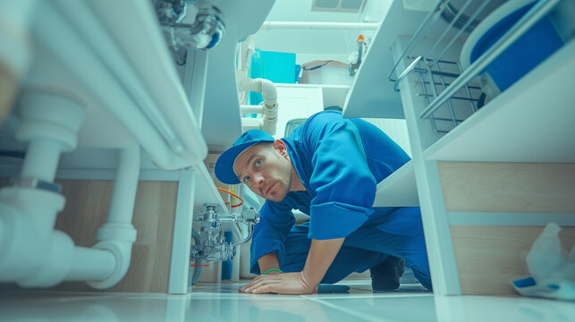 Plumber in blue working attire and cap, crouched under a bathroom sink, meticulously repairing the white pipes. Professional home maintenance service, surrounded by an array of plu