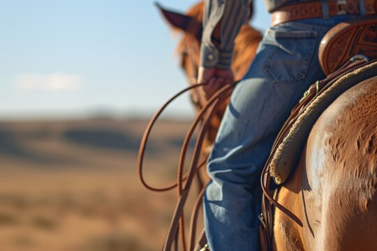 Close-up of cowboy holding reins while riding horse in sunlit desert landscape. Western lifestyle, rural living, horse riding, cowboy culture, equestrian activities.