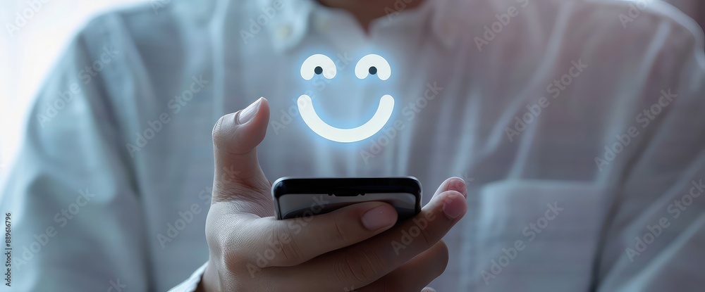 Wall mural man using smartphone to write positive and good review, satisfaction level with smiley face icon on 