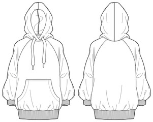 Women's Long sleeve Hoodie jacket design flat sketch Illustration, Hooded sweater jacket with front and back view cad drawing template, winter jacket for hiker, outerwear and workout in winter © Fathima Flats