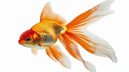 Fototapeta premium A graceful goldfish featuring orange and white fins elegantly swimming, showcasing its resplendent colors and delicate fin movements in a serene aquatic setting.