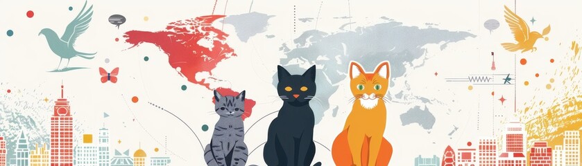 Fototapeta premium Educational infographic on international cat adoption, realistic, bright colors, vector illustration, background of a clean whiteboard, informative and engaging