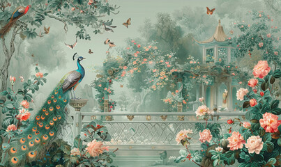 Vintage Roman mural wallpaper with garden, forest, peacock, bird, flower vase, botanical plant landscape illustration
