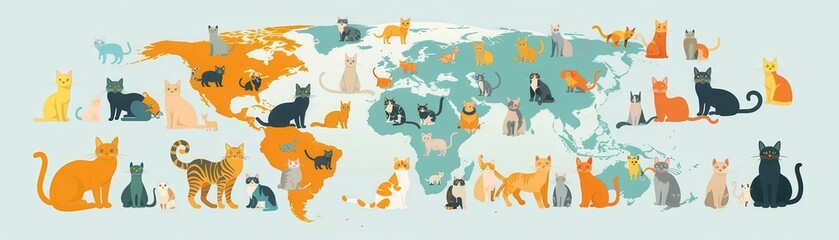 Fun facts about cats from around the world, realistic, bright colors, vector illustration, background of a world map with cat icons