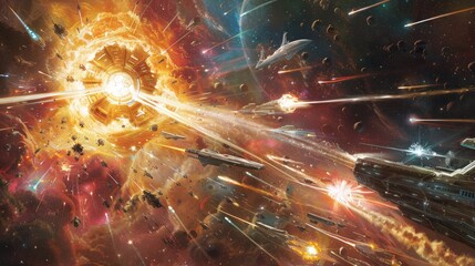 A cosmic entity unleashing energy waves against a fleet of interstellar warships, causing distortions in space-time.