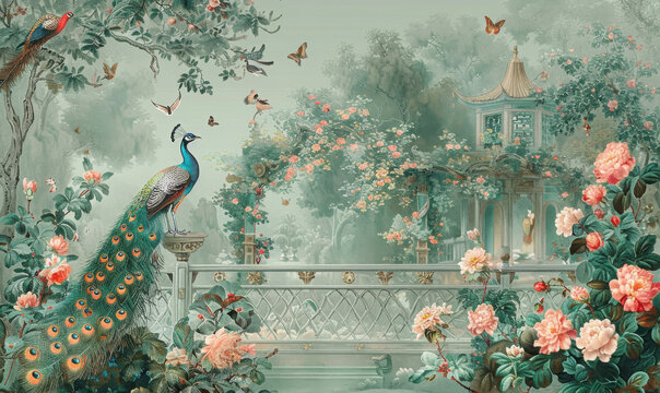 Vintage Roman mural wallpaper with garden, forest, peacock, bird, flower vase, botanical plant landscape illustration
