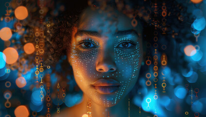 AI cyber security threat, female african american IT specialist analysing futuristic holographic data information. blue & orange colour, sugmented reality artificial intelligence concept banner