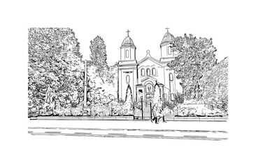 Fototapeta premium Building view with landmark of Bucharest Romanin. Hand drawn sketch illustration in vector. 