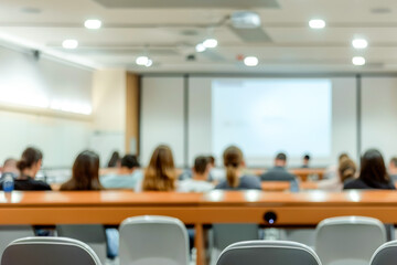 Fototapeta premium Blurry view of a classroom with students attending a lecture, highlighting an educational setting.