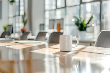 White coffee mug on a sunlit conference table in a modern office, symbolizing a moment of break in a professional setting.
