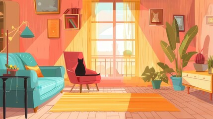 Fototapeta premium Entertaining cat care tips, realistic, vibrant colors, vector illustration, background of a modern living room, engaging and informative