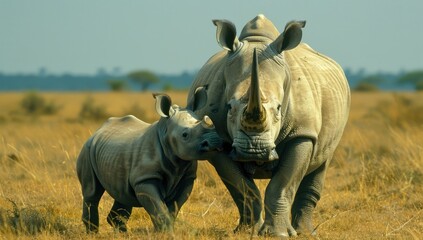 Obraz premium Photo of a rhino and its calf in the African savannah, with brown grasses underfoot. The baby is small but muscular, standing next to an adult female rhinoceros. Wildlife Photography.