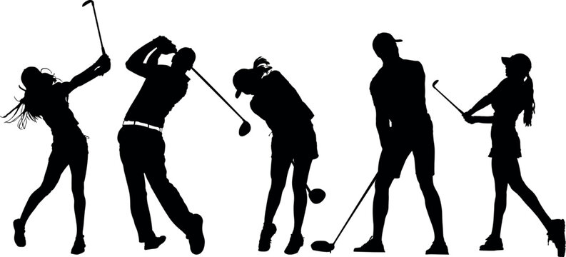 Silhouettes of three girls and two guys playing golf