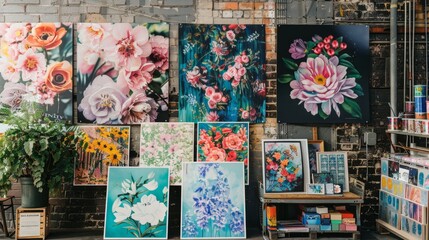 Fototapeta premium Various floral paintings showcased in a rustic studio setting, highlighting vibrant colors