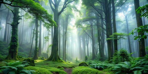Enchanted Forest Path, Sunlight Through Foggy Trees, Lush Greenery, Moss-Covered Ground, Fantasy Landscape, forest, nature