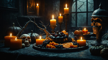 In an old castle, a black stone table is decorated for the Halloween holiday with black and orange fruit, hot candles, skulls and dried branches.