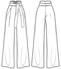 Women's belted wide leg flare pants  trouser flat sketch fashion illustration front and back view, Wide leg boot cut pant design drawing vector template