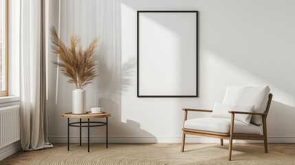 Empty rectangle frame mockup in white, placed on the wall of modern living room.