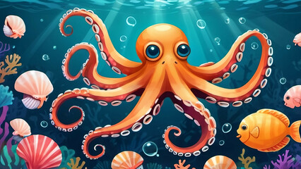 Cartoony octopus in tropical waters theme