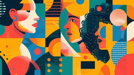 This art piece presents colorful geometric portraits set within an abstract background, featuring vibrant patterns and modernistic details that create an engaging visual experience.
