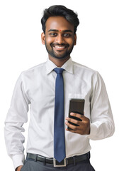 Young Indian businessman in his 30s, wearing a white shirt and tie, holding a phone, smiling confidently, and looking professional.
