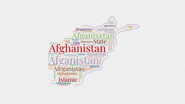 Afghanistan logo animation featuring a word cloud of the country's name in multiple languages on a paper-style background. Ideal for country presentations or intros.