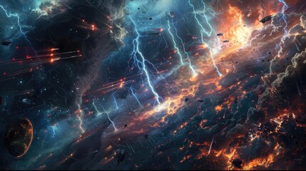 Fototapeta premium A cosmic storm engulfing a battlefield, with lightning strikes and gravitational anomalies affecting the combatants' strategies.