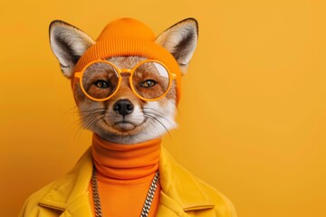 Portrait of a stylish fox wearing bright orange glasses, beanie, and jacket against matching orange background, blending fashion with whimsy.