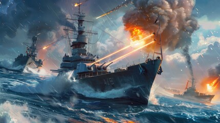 A cruiser launching torpedoes at an enemy destroyer in a high-speed chase.